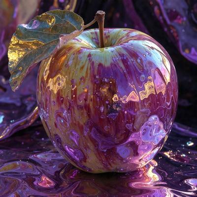 The primary subject of the image is a purple apple with a yellowish tint. The apple is placed on a purple surface, which adds to the overall visual style of the image. The colors and mood of the image are vibrant and artistic, creating a unique and eye-catching scene.